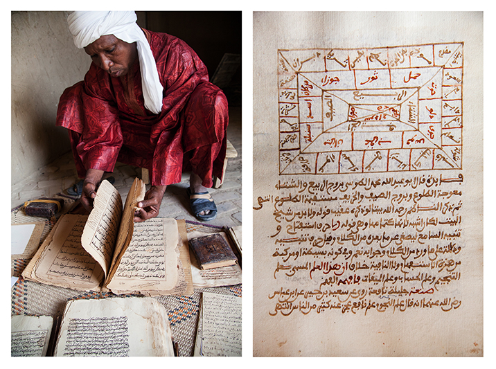 “Nous sommes la 5e ou 6e génération à les avoir. C'est le seul bien dont nous avons hérité et c’est très important de les garder. On entend dire que les Africains n’ont pas d’Histoire, mais ces manuscrits montrent le contraire, avec des écrits qui sont là depuis des siècles et des siècles.” - Abdulwahid Abderahim Haidara, fondateur d’une bibliothèque privée actuellement en rénovation à Tombouctou. Page de droite : extrait d'un manuscrit dédié à l’astronomie.  